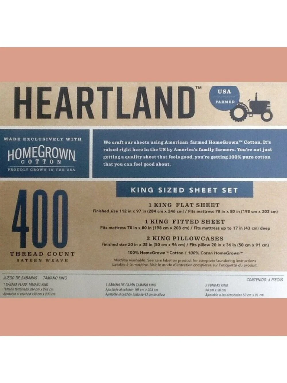 new Heartland Solid 400 TC 100% Cotton Sateen KING Sheet Set in PEACH color
